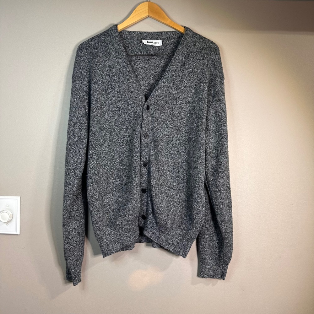 Jantzen Vintage Mens XL Gray Marl Knit Button Front Cardigan Sweater Made in USA